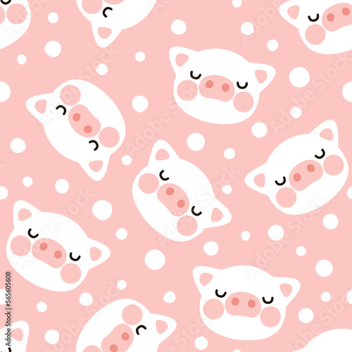 cute white pig happy face with scandinavian dots on a girly pink background. Kids woodland animals kawaii seamless pattern design for wrapping paper, fabric and textile.