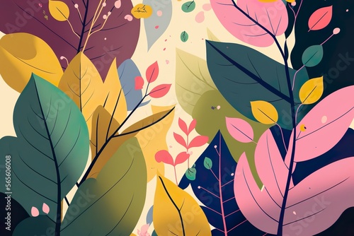 Floral illustration of simple form leaves and twigs in flat style. Generative AI