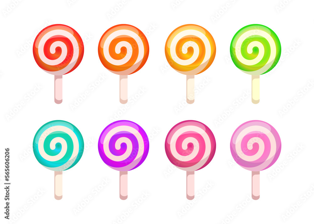 Colorful lollipop set. Round candy, swirl lollipop on stick Colorful lollipop set. Round candy, swirl lollipop on stick