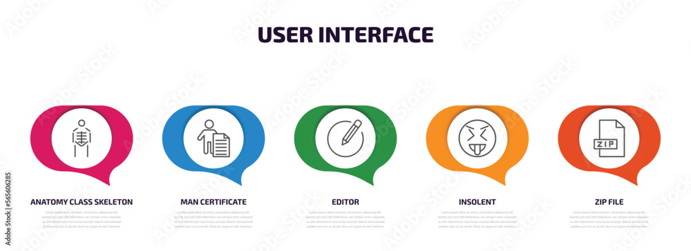 user interface infographic element with outline icons and 5 step or option. user interface icons such as anatomy class skeleton, man certificate, editor, insolent, zip file vector. user interface infographic element with outline icons and 5 step or option. user interface icons such as anatomy class skeleton, man certificate, editor, insolent, zip file vector.