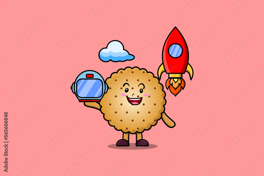 Cute mascot cartoon character Cookies as astronaut with rocket, helm, and cloud in cute style 