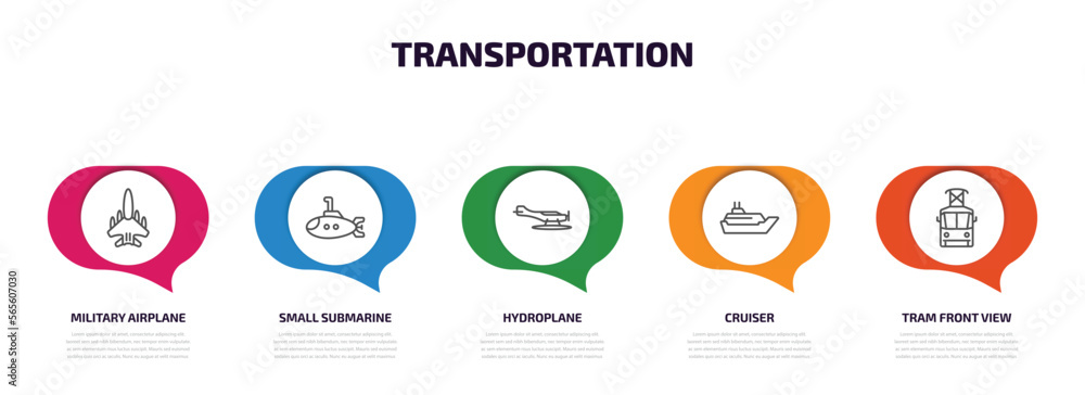 transportation infographic element with outline icons and 5 step or option. transportation icons such as military airplane, small submarine, hydroplane, cruiser, tram front view vector. transportation infographic element with outline icons and 5 step or option. transportation icons such as military airplane, small submarine, hydroplane, cruiser, tram front view vector.