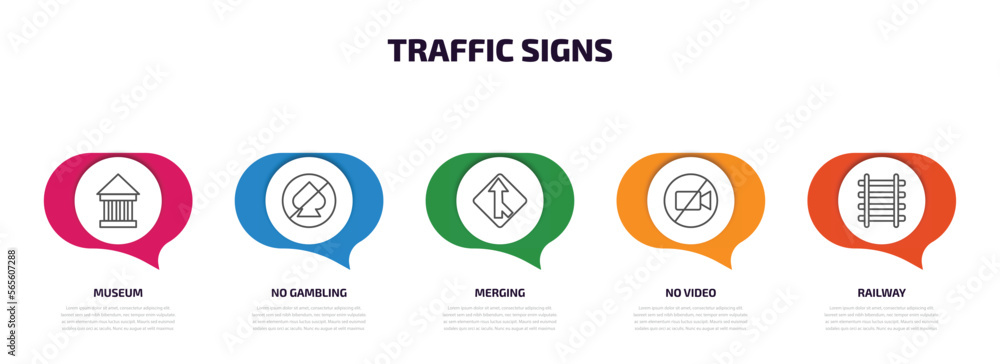 traffic signs infographic element with outline icons and 5 step or option. traffic signs icons such as museum, no gambling, merging, no video, railway vector. traffic signs infographic element with outline icons and 5 step or option. traffic signs icons such as museum, no gambling, merging, no video, railway vector.