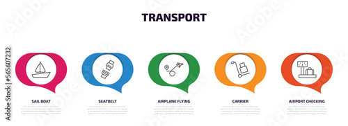 transport infographic element with outline icons and 5 step or option. transport icons such as sail boat, seatbelt, airplane flying, carrier, airport checking vector.