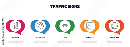 traffic signs infographic element with outline icons and 5 step or option. traffic signs icons such as two ways, no straight, laser, handicap, speed limit vector.
