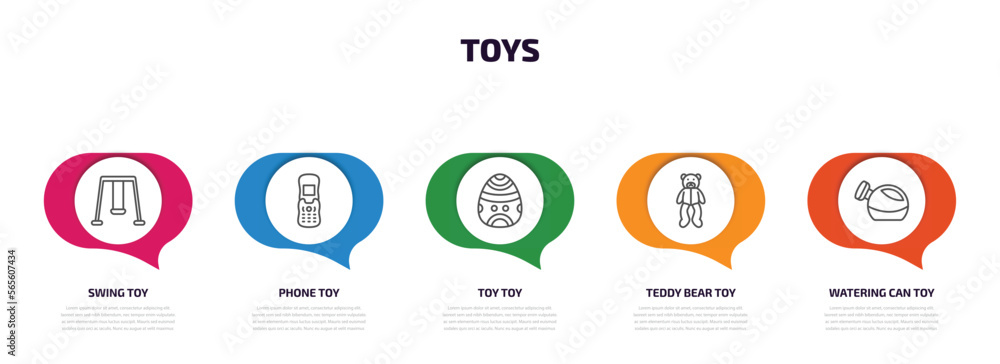 toys infographic element with outline icons and 5 step or option. toys icons such as swing toy, phone toy, toy teddy bear watering can vector. toys infographic element with outline icons and 5 step or option. toys icons such as swing toy, phone toy, toy teddy bear watering can vector.