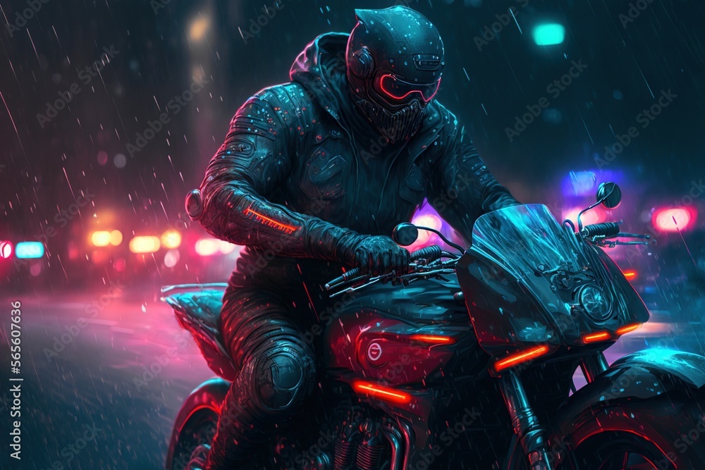 A person riding a black motorcycle with neon lighting through a rainy neon-lit city street at night, generative ai