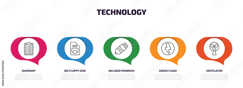 technology infographic element with outline icons and 5 step or option. technology icons such as summary, big floppy disk, inclined pendrive, green flash, ventilator vector. technology infographic element with outline icons and 5 step or option. technology icons such as summary, big floppy disk, inclined pendrive, green flash, ventilator vector.