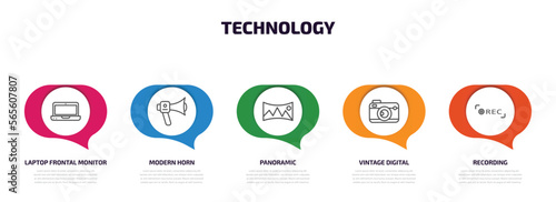technology infographic element with outline icons and 5 step or option. technology icons such as laptop frontal monitor, modern horn, panoramic, vintage digital camera, recording vector.