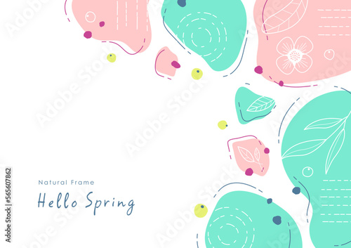 花と葉っぱの手描きフレーム 春の背景イラスト