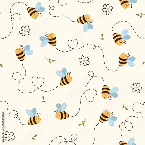 Seamless Pattern with Flying Cute Bee and doodle flower, Cartoon Animals Background, Design for baby clothes, t-shirts, wrapping, fabric, textiles and more © LindaAyu