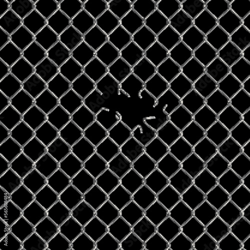 Hole in wire mesh of steel fence vector illustration. 3d realistic torn metal chains of net cage or construction barrier, broken boundary iron wires and chainlink of prison or metallic safety border