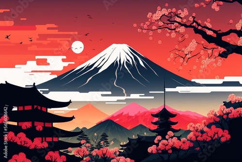 A massive Japanese Fuji mountain with a red and orange sky  white moon and birds. Traditional Japanese temples surrounded by cherry blossom trees in full bloom  generative ai
