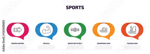 sports infographic element with outline icons and 5 step or option. sports icons such as board gaming, muscle, boxer with belt, swimming man, fishing man vector.