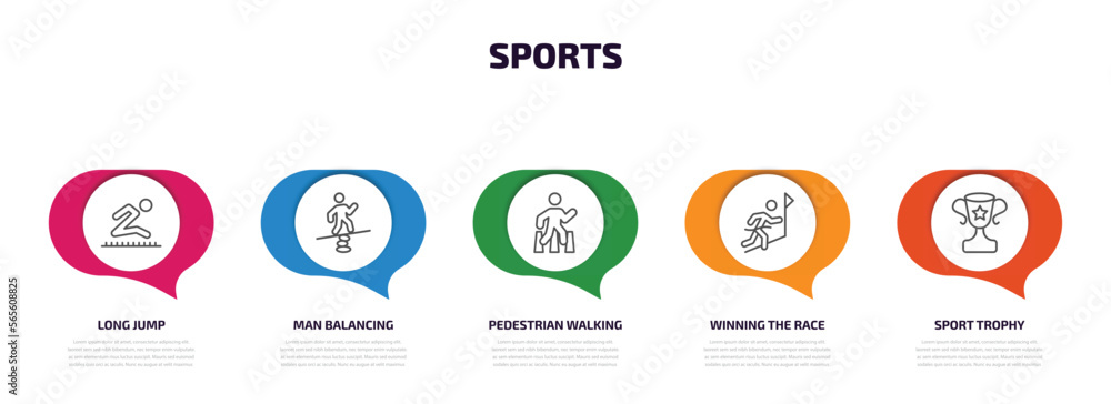 sports infographic element with outline icons and 5 step or option. sports icons such as long jump, man balancing, pedestrian walking, winning the race, sport trophy vector. sports infographic element with outline icons and 5 step or option. sports icons such as long jump, man balancing, pedestrian walking, winning the race, sport trophy vector.