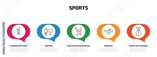 sports infographic element with outline icons and 5 step or option. sports icons such as climbing with rope, training, man playing badminton, mawashi, medal with number 1 vector.