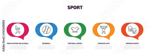 sport infographic element with outline icons and 5 step or option. sport icons such as man playing volleyball, baseball, football jersey, exercise gym, boxing gloves vector.