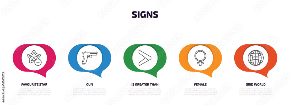 signs infographic element with outline icons and 5 step or option. signs icons such as favourite star, gun, is greater than, female, grid world vector. signs infographic element with outline icons and 5 step or option. signs icons such as favourite star, gun, is greater than, female, grid world vector.
