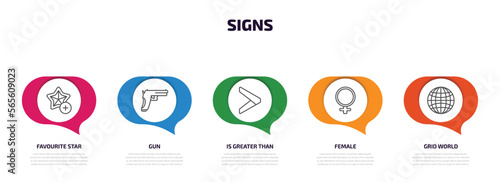 signs infographic element with outline icons and 5 step or option. signs icons such as favourite star, gun, is greater than, female, grid world vector.
