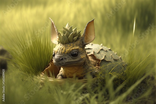  a small toy turtle in a grassy field with a plant on its head and a crown on its head, sitting in the grass, with a green background.  generative ai photo