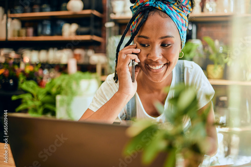 Phone call, small business or happy black woman talking or networking with startup agro retail supplier. Laptop, 5g mobile or female entrepreneur planning or speaking of floral development job vision