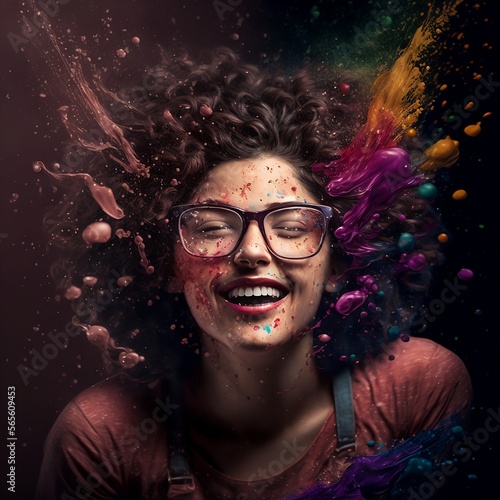 Face of a happy girl with dark and curly hair appear from dark background with colorful liquid paint. created by Generative AI