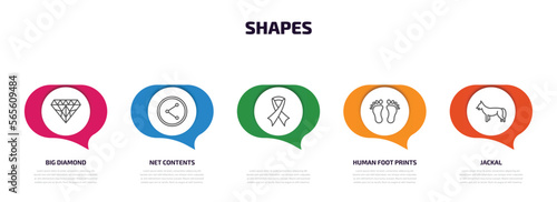 shapes infographic element with outline icons and 5 step or option. shapes icons such as big diamond, net contents, , human foot prints, jackal vector.