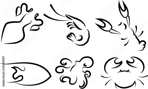Marine life logo collection. Sketchy seafood - squid, crayfish, crab, octopus, fish, shrimp. Black outline. symbols, logo.