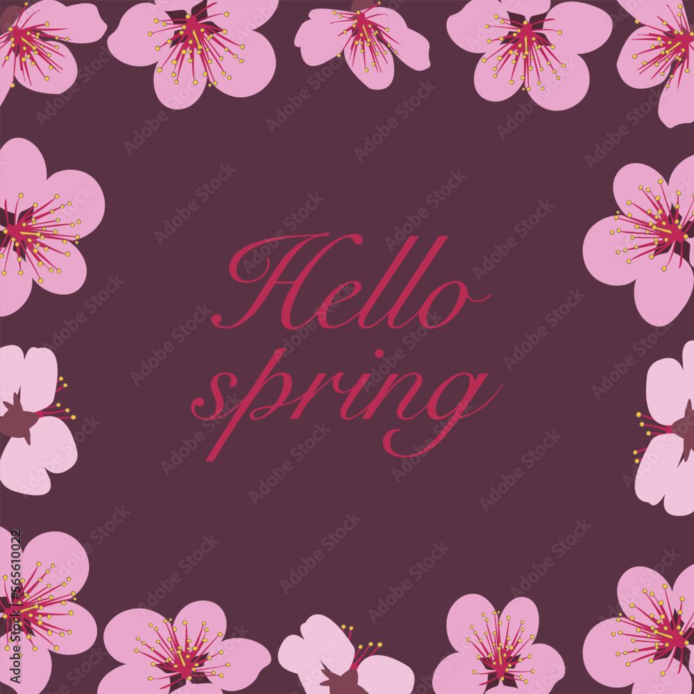 Background of blooming pink flowers and lettering hello, spring. . Vector illustration.