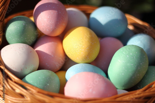 Various coloured Easter eggs in pastel colours