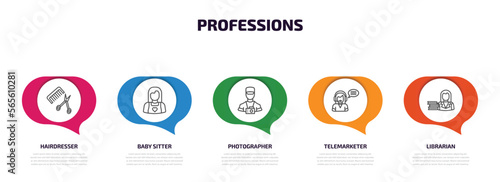 professions infographic element with outline icons and 5 step or option. professions icons such as hairdresser, baby sitter, photographer, telemarketer, librarian vector.
