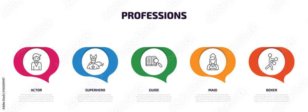 professions infographic element with outline icons and 5 step or option. professions icons such as actor, superhero, guide, maid, boxer vector. professions infographic element with outline icons and 5 step or option. professions icons such as actor, superhero, guide, maid, boxer vector.