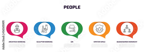 people infographic element with outline icons and 5 step or option. people icons such as architech working, sculptor working, sir, hipster smile, businessmen hierarchy vector.