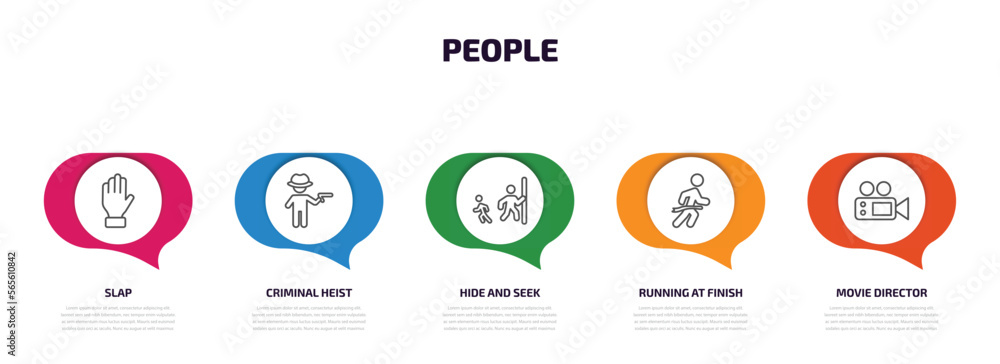 people infographic element with outline icons and 5 step or option. people icons such as slap, criminal heist, hide and seek, running at finish line, movie director vector. people infographic element with outline icons and 5 step or option. people icons such as slap, criminal heist, hide and seek, running at finish line, movie director vector.