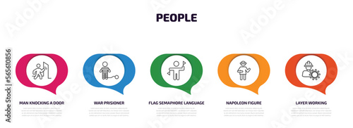 people infographic element with outline icons and 5 step or option. people icons such as man knocking a door, war prisioner, flag semaphore language, napoleon figure, layer working vector.