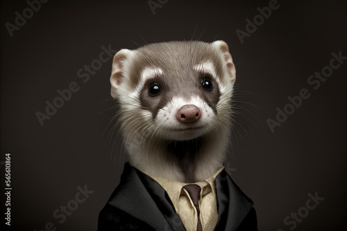  a ferret wearing a suit and tie with a dark background and a black background with a white stripe around the neck and a black collar.  generative ai photo