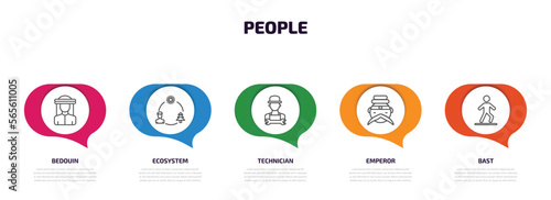 people infographic element with outline icons and 5 step or option. people icons such as bedouin, ecosystem, technician, emperor, bast vector.