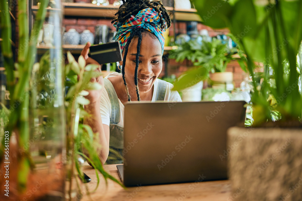 Credit Card Laptop Or Black Woman On Online Shopping For Flowers Or