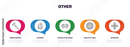 other infographic element with outline icons and 5 step or option. other icons such as work hammer, caudron, vintage eyeglasses, roulette table, interlock vector.