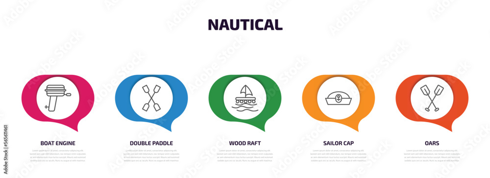 nautical infographic element with outline icons and 5 step or option. nautical icons such as boat engine, double paddle, wood raft, sailor cap, oars vector. nautical infographic element with outline icons and 5 step or option. nautical icons such as boat engine, double paddle, wood raft, sailor cap, oars vector.