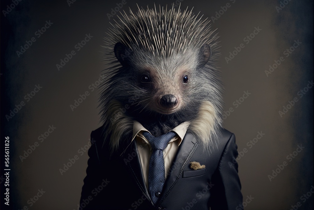 a porcupine in a suit and tie with a mohawk on his head and a suit