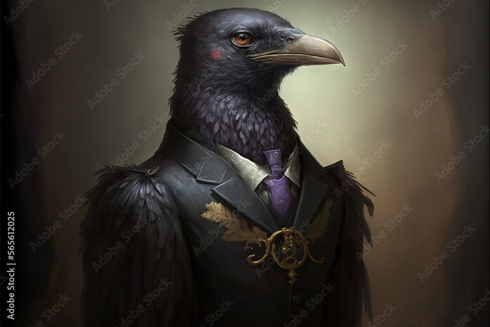 a black bird wearing a suit and tie with a purple tie and a gold ring