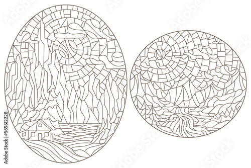 Set contour illustrations of stained glass Windows landscape , lonely house on a background of nature, dark contours on a white