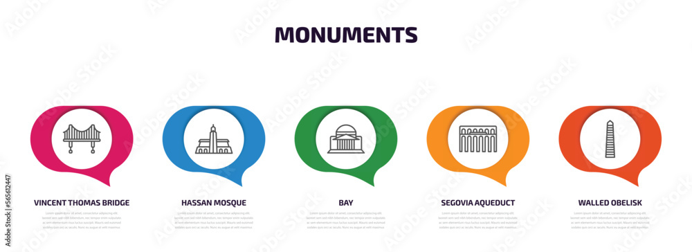monuments infographic element with outline icons and 5 step or option. monuments icons such as vincent thomas bridge, hassan mosque, bay, segovia aqueduct, walled obelisk vector. monuments infographic element with outline icons and 5 step or option. monuments icons such as vincent thomas bridge, hassan mosque, bay, segovia aqueduct, walled obelisk vector.