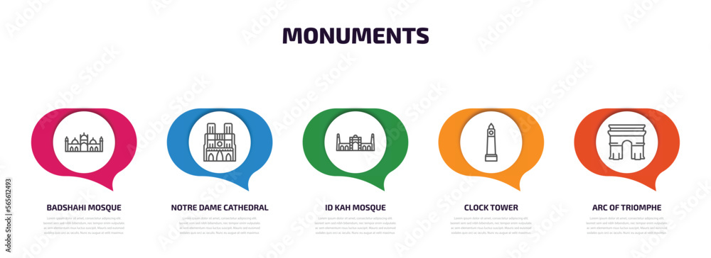monuments infographic element with outline icons and 5 step or option. monuments icons such as badshahi mosque, notre dame cathedral, id kah mosque, clock tower, arc of triomphe vector. monuments infographic element with outline icons and 5 step or option. monuments icons such as badshahi mosque, notre dame cathedral, id kah mosque, clock tower, arc of triomphe vector.