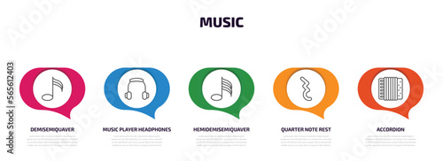 music infographic element with outline icons and 5 step or option. music icons such as demisemiquaver, music player headphones, hemidemisemiquaver, quarter note rest, accordion vector.