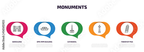 monuments infographic element with outline icons and 5 step or option. monuments icons such as barcelona, dpr/mpr building, cathedral, , tower of pisa vector.