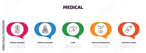 medical infographic element with outline icons and 5 step or option. medical icons such as medical records, hospital building front, liver, united heterosexual, tag with a cross vector.