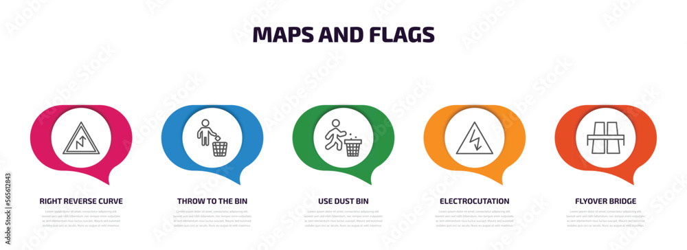 maps and flags infographic element with outline icons and 5 step or option. maps and flags icons such as right reverse curve, throw to the bin, use dust bin, electrocutation danger, flyover bridge maps and flags infographic element with outline icons and 5 step or option. maps and flags icons such as right reverse curve, throw to the bin, use dust bin, electrocutation danger, flyover bridge