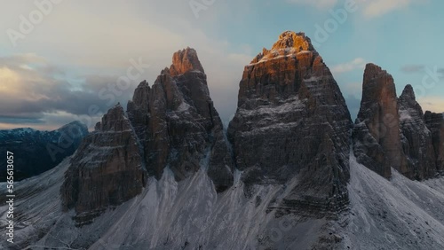 Aerial drone footage of tre cime di lavaredo in the Dolomites, Italy. 